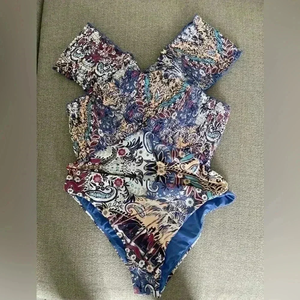 By anthropologie smocked off shoulder one piece swim suit womens‎ 1X nwot